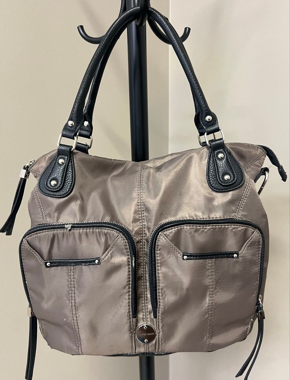Franco Sarto Nylon Satchel Handbag Taupe Black Multi Pocket Shoulder Purse Y2K